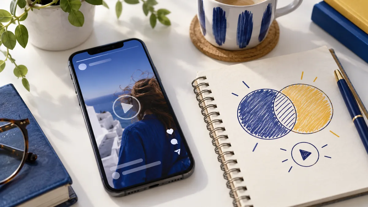 Móvil junto a un cuaderno con círculos ilustrativos que ayudan a comparar audiencia y reproducciones