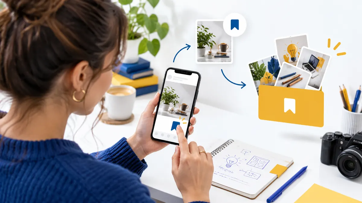 Escena editorial ilustrativa sobre Colecciones de Instagram: guardar suelto o guardar en una carpeta