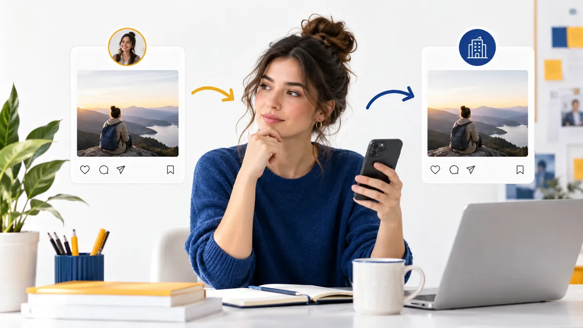 Escena editorial ilustrativa sobre Reposts en cuenta de empresa y en cuenta personal: qué cambia