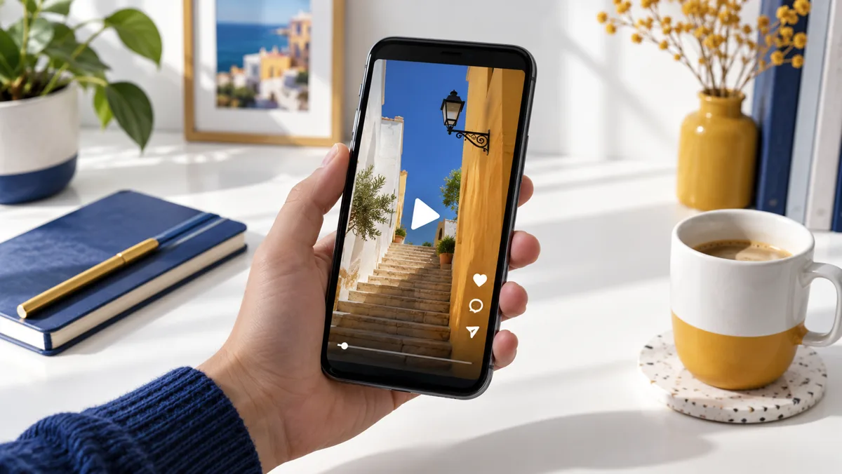 Móvil con un vídeo vertical ilustrativo y símbolo de reproducción
