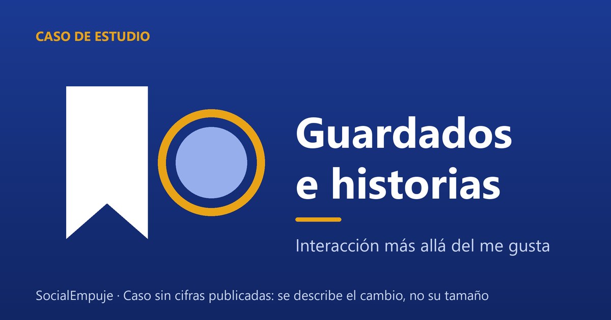 Marcador de guardado y aro de historia sobre fondo azul con el texto: guardados e historias. La imagen no incluye cifras